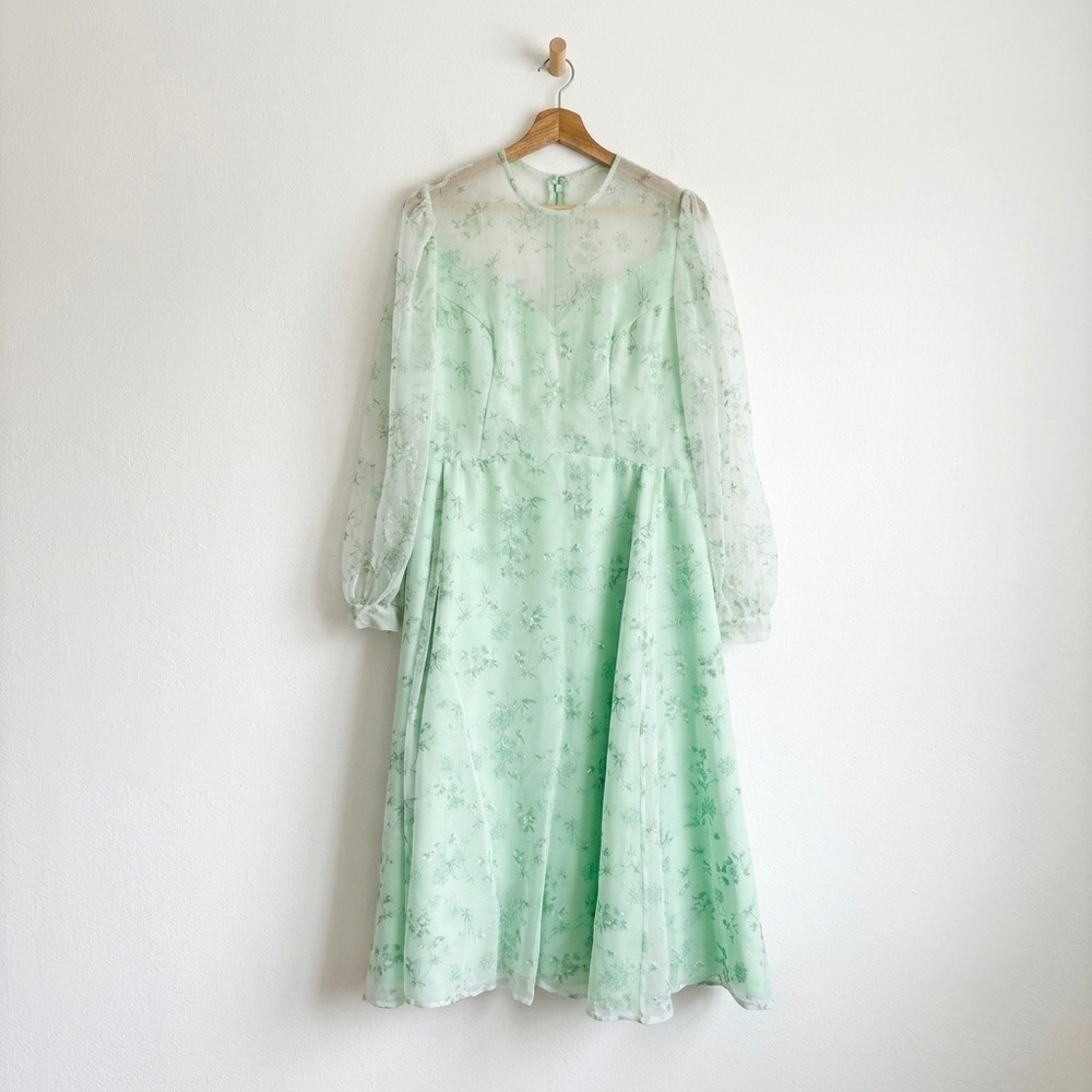 Vintage 70s Mint Green Floral Chiffon Midi Dress Long Sleeve Sheer Illusion M